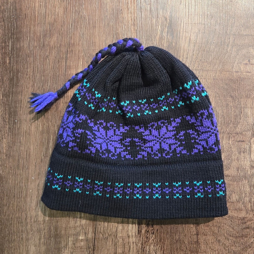 Vintage Vermont Needlecrafts Wool Blend Scandi Fair Isle Black Purple Beanie Hat